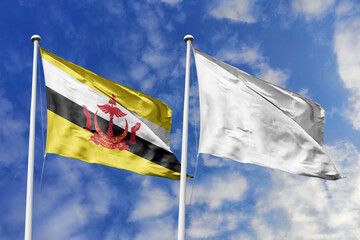 3d illustration. Brunei and White (Peace) Flag waving in sky. High detailed waving flag. 3D render. Waving in sky. Flags fluttered in the cloudy sky.