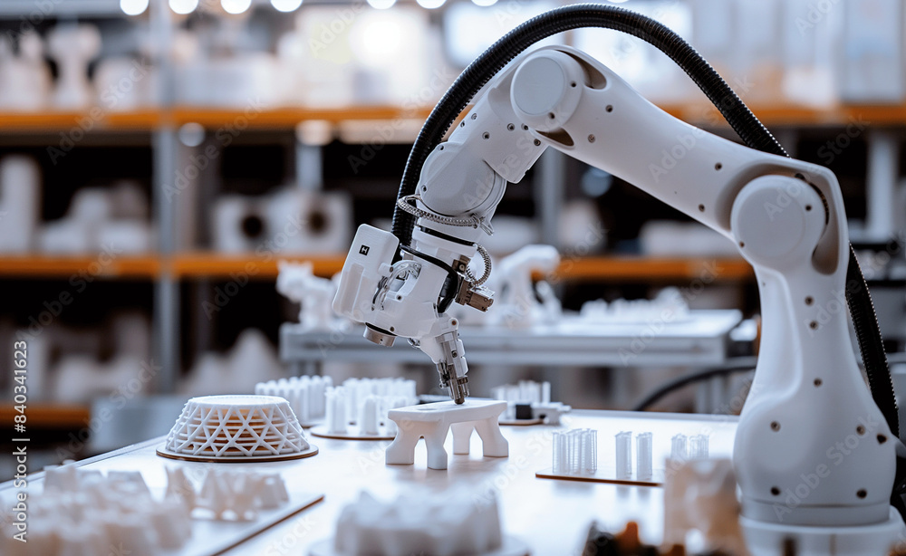 Poster a robotic arm working on a 3d-printed model, exemplifying innovative manufacturing technology and pr