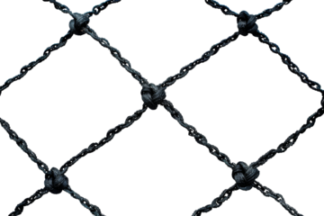 Close-up of a black net structure against a dark background, showing the detailed knotting and texture of the material.