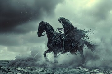 Skeletal Horseman of the Apocalypse Sweeps Across Desolate Monochrome Landscape
