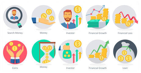 A set of 10 Business icons as search money, money, investor