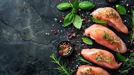 Fresh Raw Chicken Breasts with Herbs and Spices on Dark Slate Background - Culinary Ingredients for Cooking