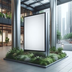 Modern commercial building interior with A large blank white screen sign in a building optimized informative.