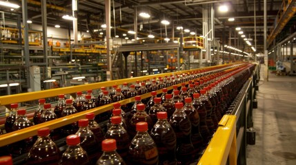 Naklejka premium a conveyor belt filled with colorful soda bottles in a factory.