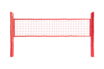 A red volleyball net with wooden posts, designed for competitive or recreational play, showcasing its structure and netting.