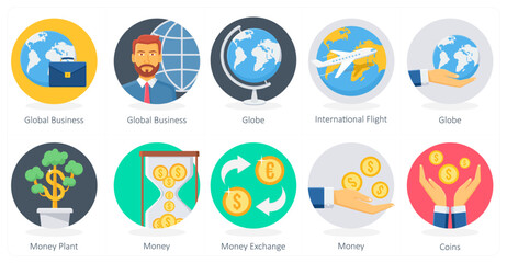 A set of 10 Business icons as global business, globe, international flight