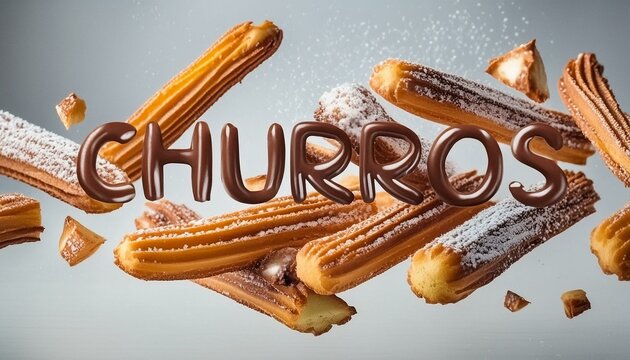 Fresh churros with a glossy chocolate sauce spilling on top, displayed with a 'CHURROS' text made of chocolate