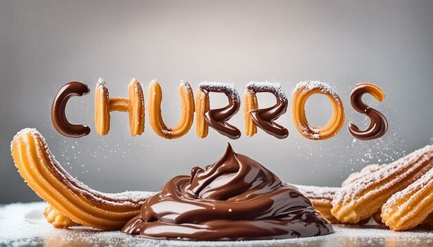 Fresh churros with a glossy chocolate sauce spilling on top, displayed with a 'CHURROS' text made of chocolate