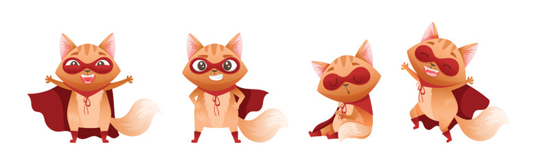 Ginger Cat Superhero Character Wearing Red Cloak and Mask Vector Set