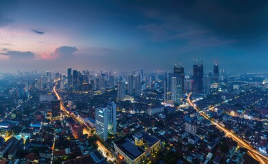 Obraz premium Aerial view of the cityscape at night with illuminated buildings and streets