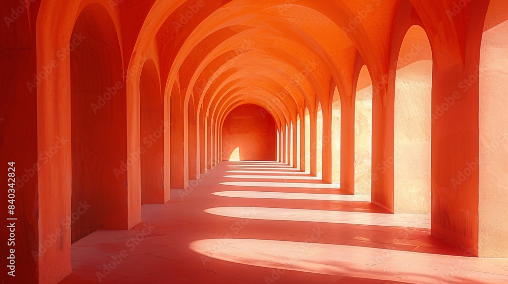 Poster vibrant orange arched hallway with sunlight and shadows creating a stunning pattern on the floor in 