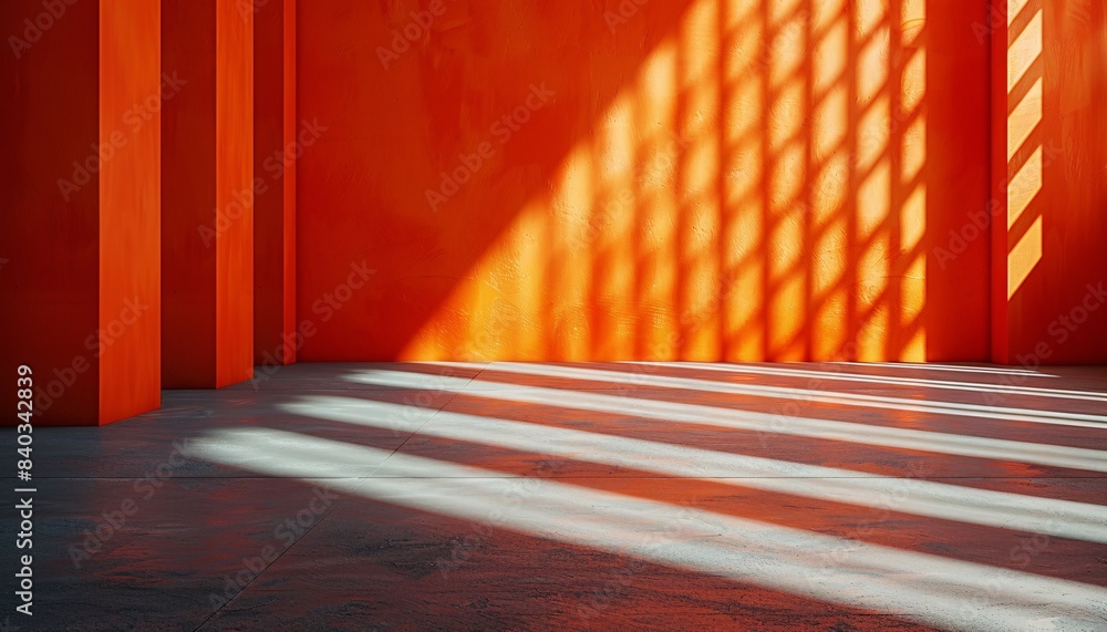 Poster sunlit modern interior with bold red walls and geometric shadows creating a striking visual effect i