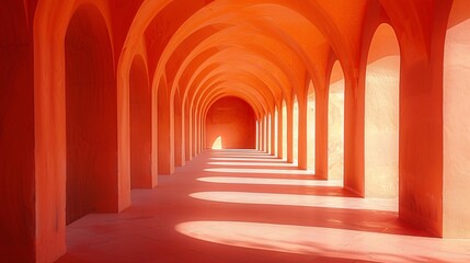 Fototapeta premium Vibrant Orange Arched Hallway with Sunlight and Shadows Creating a Stunning Pattern on the Floor in a Modern Architectural Design