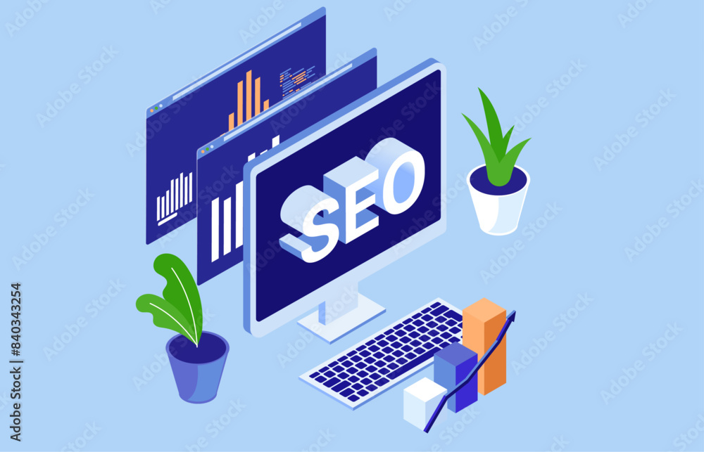 Leinwandbilder SEO concept illustration - Search engine optimisation work and statistics on desktop PC computer screen with word graphs and charts. Isometric flat design vector with blue background