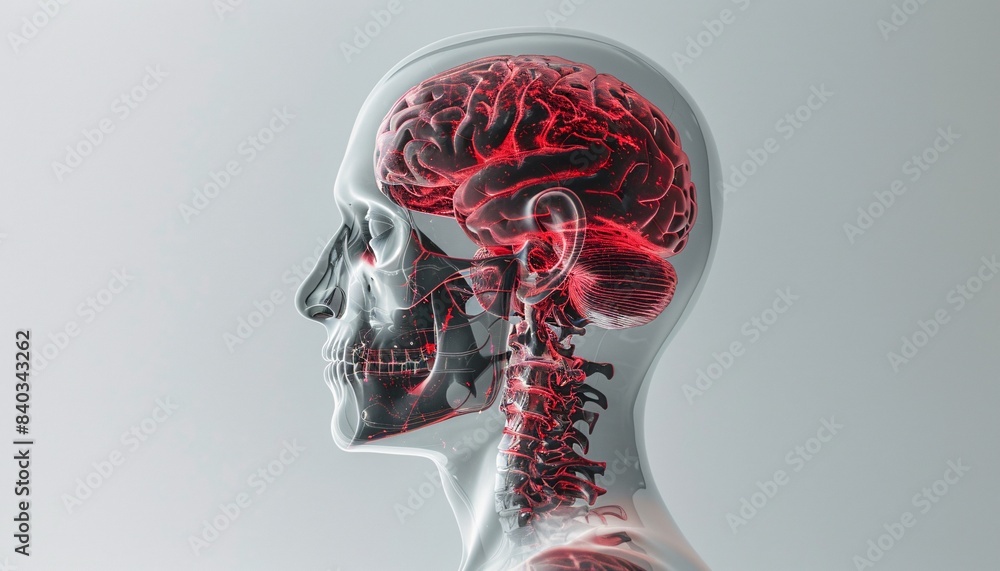 Aufkleber detailed 3d rendering of human head and brain anatomy with transparent skull and red highlights on b