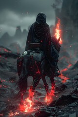 Fototapeta premium The Harbinger of Apocalyptic Ruin Riding a Blazing Steed Through a Ravaged and Desolate Wasteland,Shrouded in Tattered Robes