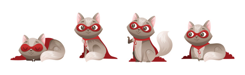 Grey Cat Superhero Character Wearing Red Cloak and Mask Vector Set.