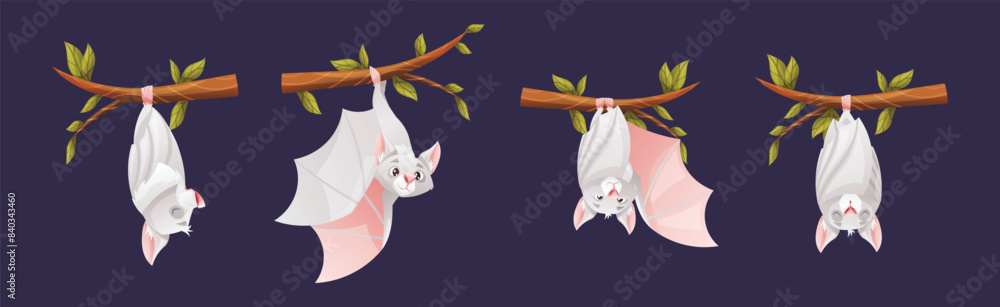 Poster bat flying creature character hang on tree branch vector set