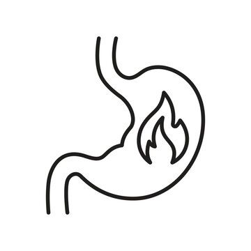 recommend clip art: Heartburn, linear stomach icon, stomach fire and pain, isolated on a white background.