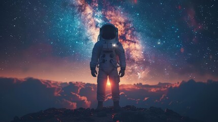 Obraz premium The Astronaut in a silhouette double exposure In the background is the Milky Way galaxy Stylish in the style of double exposure
