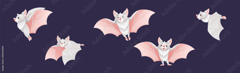 Poster bat flying creature character with fangs vector set