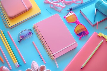 Colorful stationery arrangement with notebooks, pencils, glasses, and office supplies on a vibrant blue background. Perfect for back-to-school themes.
