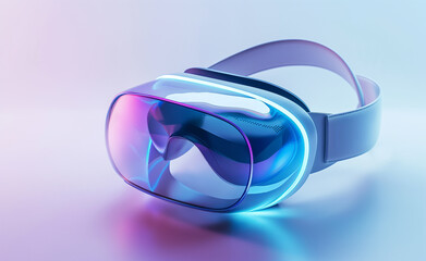 A virtual reality headset with a sleek, modern design and glowing blue and pink lights, representing cutting-edge technology.