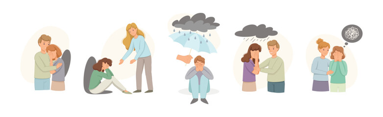 Fototapeta premium Help to Young Man and Woman in Depression Feeling Sad Suffering from Mental Disorder Vector Set