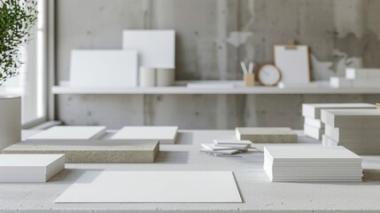 Fototapeta premium Green Architect's Haven Sustainable Workspace with EcoFriendly Designs and Business Cards