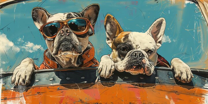 French Bulldog and Siberian Husky as vintage aviators, in an oldtimey airplane, muted tones, Vintage, Sketch