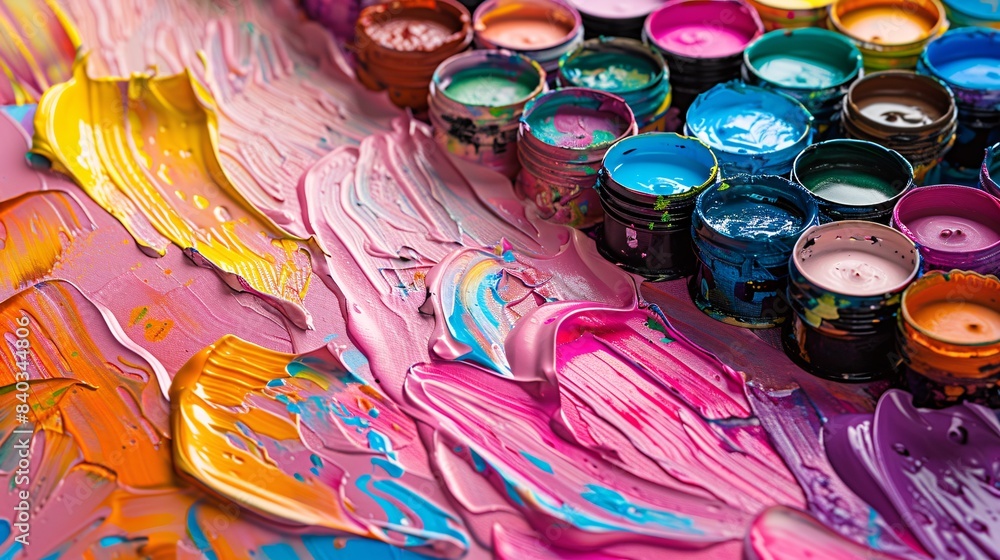 Poster vibrant abstract art with colorful paints and brush strokes on canvas - creative artistic background