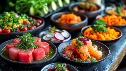 Closeup of a food buffet with different sushi types and vegetables
