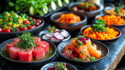 Obraz premium Closeup of a food buffet with different sushi types and vegetables
