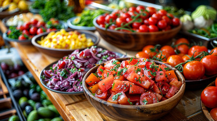 Close-up of a food buffet with different vegetables in a restaurant
