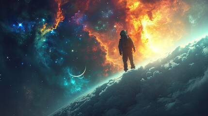 dream futuristic Abstract galaxy sky colorful cosmos background with back view person pilot on clouds 