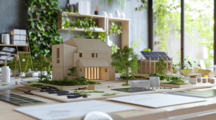 Green Architect's Workspace Sustainable Office with EcoFriendly Designs Solar Panels and Business Cards Environmental Building Concept