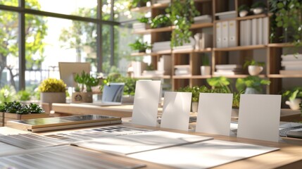 Fototapeta premium Green Architect's Workspace Sustainable Office with EcoFriendly Designs Solar Panels and Business Cards Environmental Building Concept