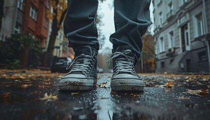 Close-Up of Casual Sneakers on Wet Urban Street with Autumn Leaves in Background, Capturing the Essence of Urban Lifestyle and Seasonal Change