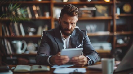 Bearded caucasian man in suit deeply focused on tablet image. Well-organized office with books shelves photography scene wallpaper. Professionalism concept photorealistic photo