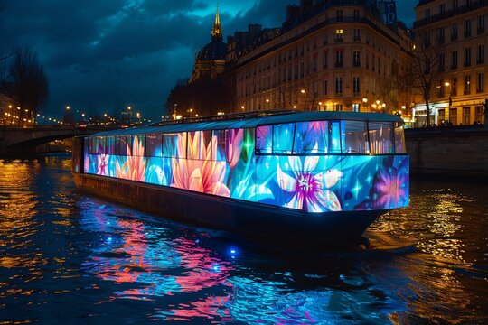 Light show on the Seine with Paris 2024 projections, night, 3D rendering, luminous effects