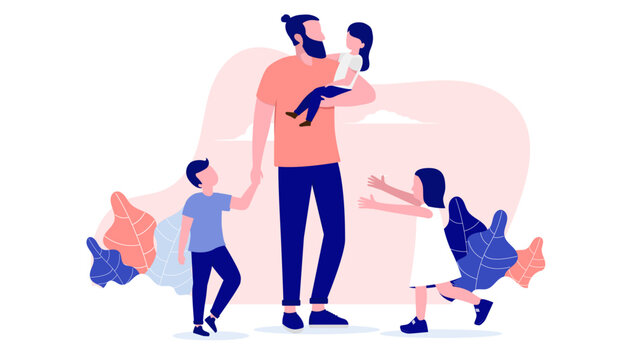 Father alone playing with three children - Dad parent outdoors holding hand and carrying kids having fun together. Front view flat design vector illustration with white background