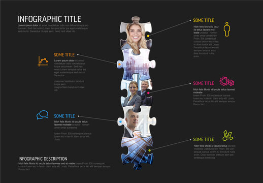 Multipurpose dark infographic template with five puzzle pieces photo plceholders