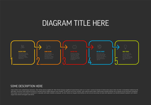 Dark five square steps template with icons big numbers and description