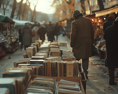 Parisian flea market with Paris 2024 memorabilia, morning, vintage, nostalgic feel