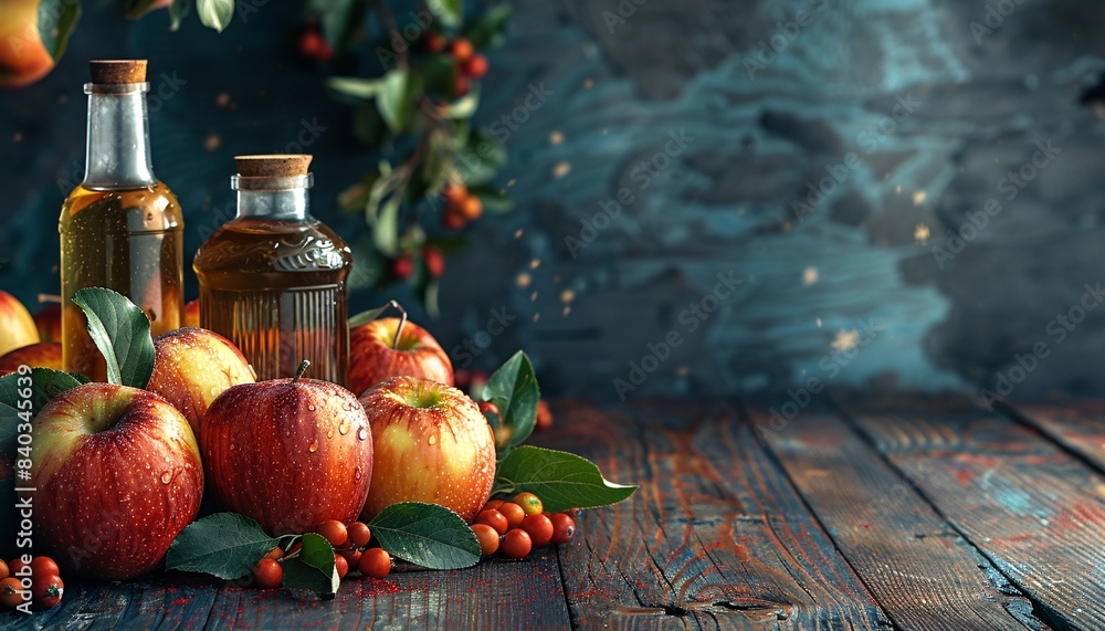Poster fresh apples and bottles of apple cider on rustic wooden table with dark background and autumn leave