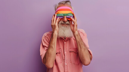 Young elderly bearded gay man 50s years old wearing pink shirt casual clothes hold cover face eye with striped flag look camera isolated on plain purple background. Lifestyle LGBT June pride concept.