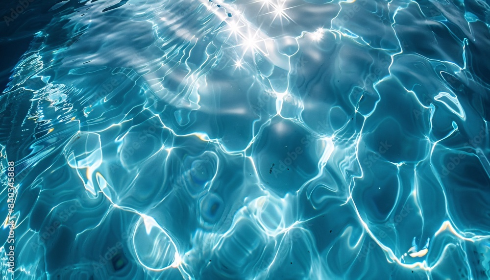 Poster crystal clear blue water with sunlight reflections creating a mesmerizing pattern on the surface - p