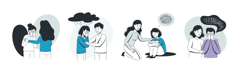 Help to Young Man and Woman in Depression Feeling Sad Suffering from Mental Disorder Vector Set