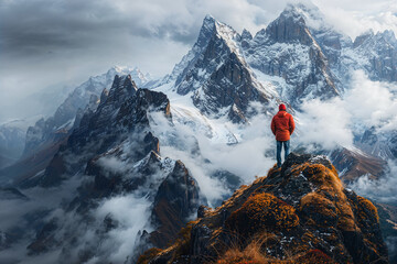 Man on snowy mountain peak. Generative AI