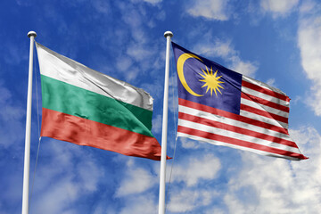 3D illustration. Bulgaria and Malaysia Flag waving in the sky. High detailed waving flag. 3D render. Waving in the sky. Flags fluttered in the cloudy sky.
